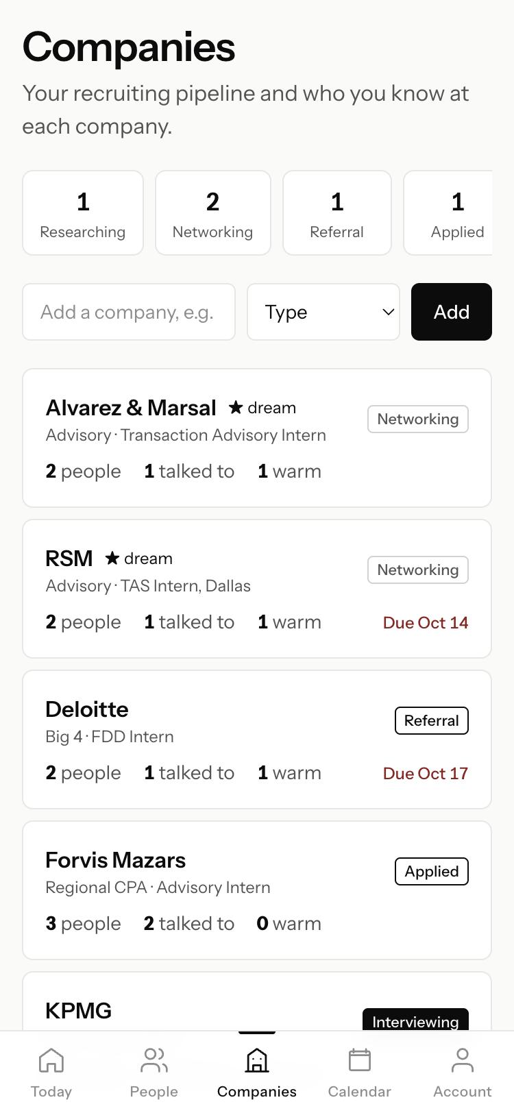 Orbit's Companies pipeline with people and deadlines at each firm